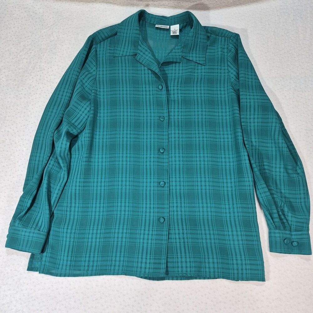 Liz Baker Green Long Sleeve Women's 14 Sheer Blouse Top Button Down Lightweight